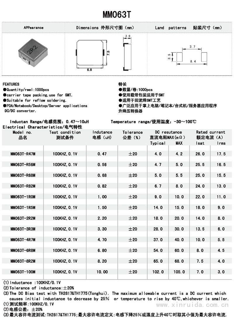 芯瑞達電子,MM063T電感,貼片電感,功率電感,繞線電感