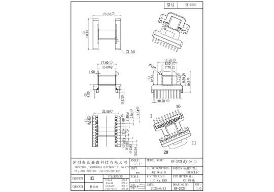 EF-2525 EF25臥式10+10 排距23.0 腳距 2.54 槽寬15.60